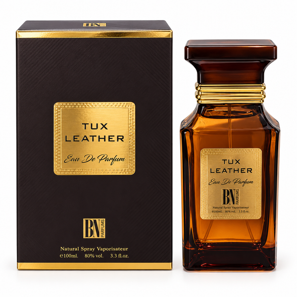 Tux Leather BN Parfums – flacon chihlimbariu 100 ml cu cutie neagră și aurie