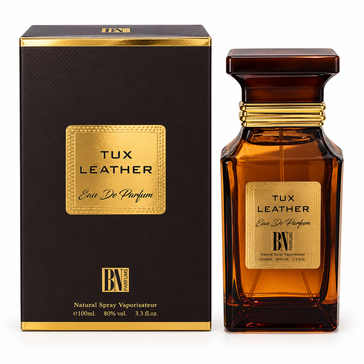 Tux Leather BN Parfums – flacon chihlimbariu 100 ml cu cutie neagră și aurie
